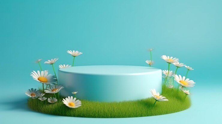 Fondo de podio de pantalla 3D Hierba verde natural y flores Ai generativo