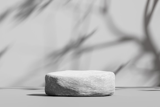 Fondo de podio de piedra gris o plataforma de exhibición de productos soleados vacíos abstractos para publicidad de espacio concreto y pedestal de exhibición de escenario mínimo en blanco en escena de fondo de roca con soporte de belleza natural.