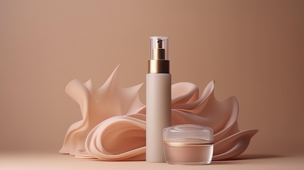 Fondo de podio premium para la crema base de presentación de productos cosméticos con una botella para productos de tratamiento de belleza sobre fondo beige