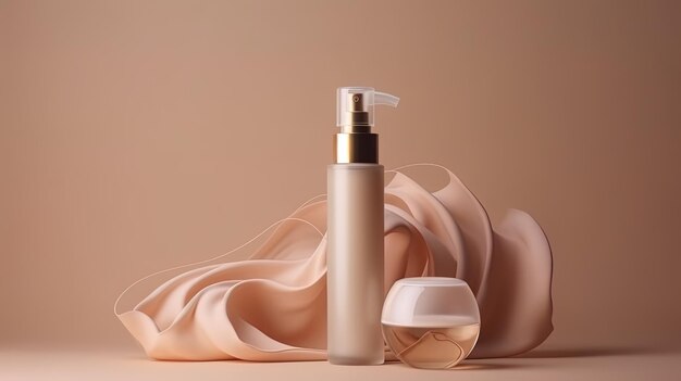 Fondo de podio premium para la crema base de presentación de productos cosméticos con una botella para productos de tratamiento de belleza sobre fondo beige