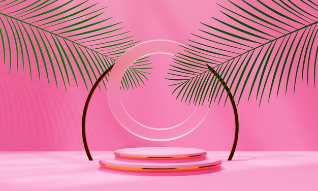 Fondo de podio rosa con hojas de palma y elementos de luz solar Ilustración de representación 3D