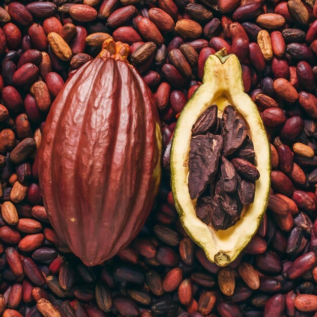 Foto fondo de preparación de las vainas de cacao maduras y las puntas de cacao