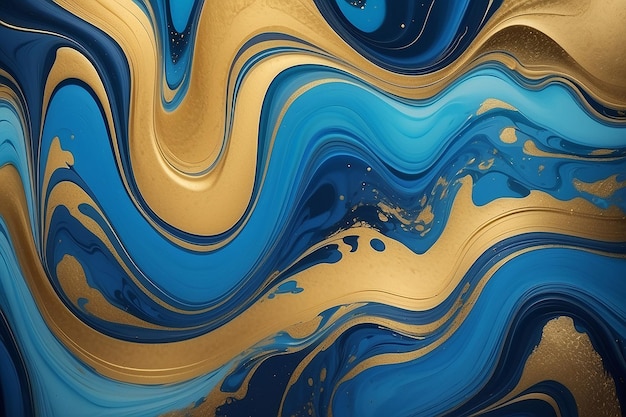 El fondo presenta un patrón abstracto azul y dorado formado por el flujo de colores de un arte de tinta líquida de mármol con líneas doradas