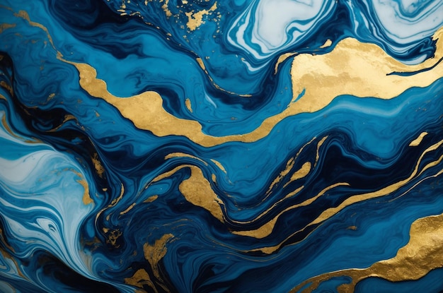 El fondo presenta un patrón abstracto azul y dorado formado por el flujo de colores de un arte de tinta líquida de mármol con líneas doradas