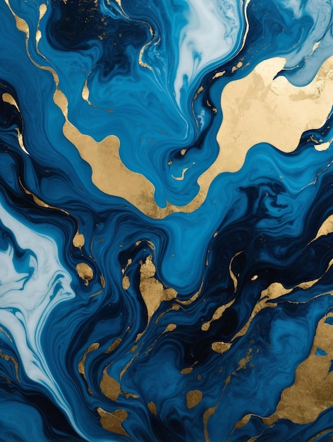 El fondo presenta un patrón abstracto azul y dorado formado por el flujo de colores de un arte de tinta líquida de mármol con líneas doradas