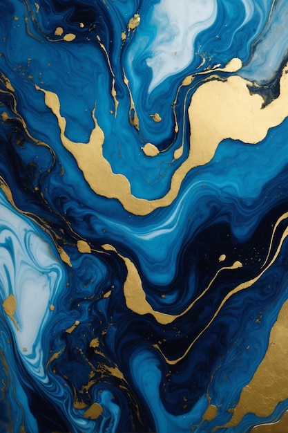 El fondo presenta un patrón abstracto azul y dorado formado por el flujo de colores de un arte de tinta líquida de mármol con líneas doradas