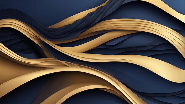 Fondo de presentación abstracta de curva de onda moderna 3D Fondo de corte de papel de lujo Decoración abstracta patrón dorado gradientes de semitonos Fondo azul oscuro