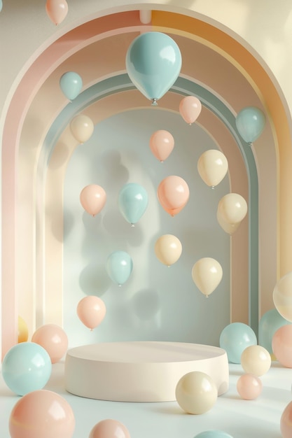 Fondo de presentación abstracto con un simple podio con globos geométricos flotantes en tonos pastel calmantes ideales para la exhibición de productos