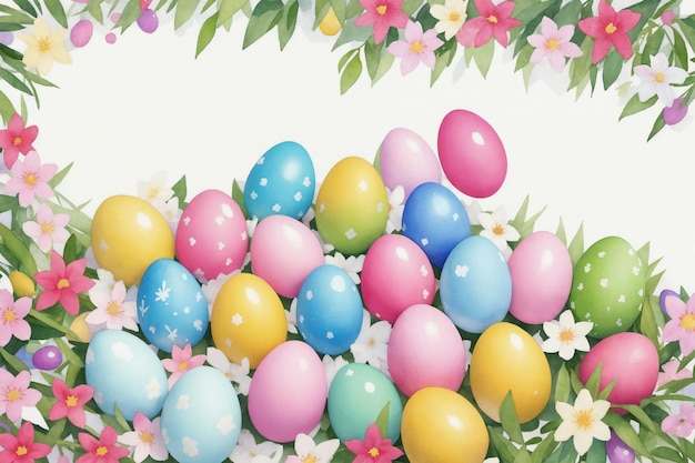 Fondo de primavera de acuarela de Pascua Composición de la vista superior Tarjeta de Pascua