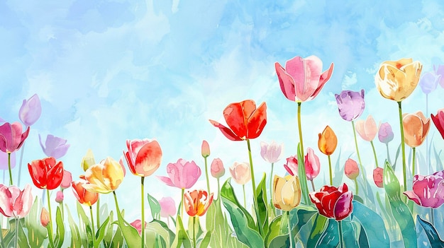Fondo de primavera en acuarela con tulipanes de colores Arte digital pintado