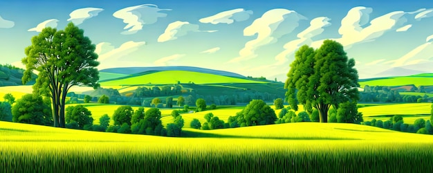 Fondo de primavera Árboles verdes del prado Ilustración de dibujos animados del hermoso paisaje del valle de verano con cielo azul verde