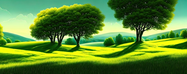 Fondo de primavera Árboles verdes del prado Ilustración de dibujos animados del hermoso paisaje del valle de verano con cielo azul verde