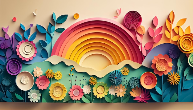 Fondo de primavera de arco iris floral de estilo de papel