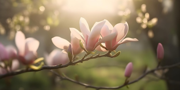 Fondo de primavera con brunches de magnolia en flor banner de concepto de primavera generado por IA