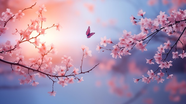 Fondo de primavera con cerezo en flor y mariposa Foco suave