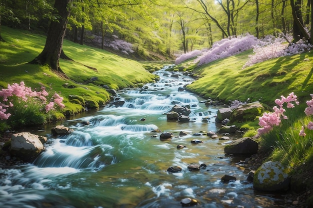 Fondo de primavera Corriente de agua en el bosque