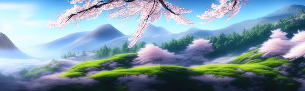 Fondo de primavera en estilo de dibujos animados Magnolia de cereza sakura rosa y púrpura en flor Paisaje horizontal asiático