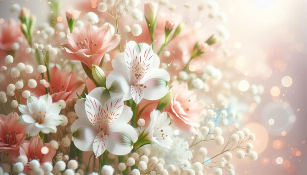 Fondo de primavera con flores de alstroemeria gypsophila bokeh manchas borrosas en la piel de melocotón pastel