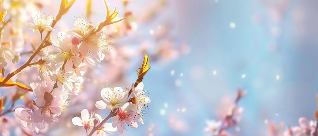 Foto fondo de primavera con flores blancas en flor en el fondo del cielo azul claro