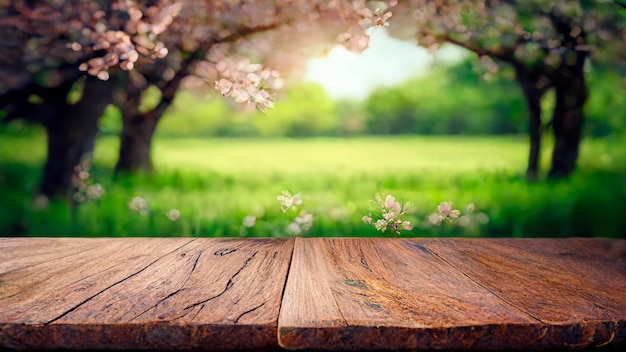 Fondo de primavera con flores blancas y luces del sol frente a una mesa de madera Jardín de manzanas de primavera en el fondo ai generativo