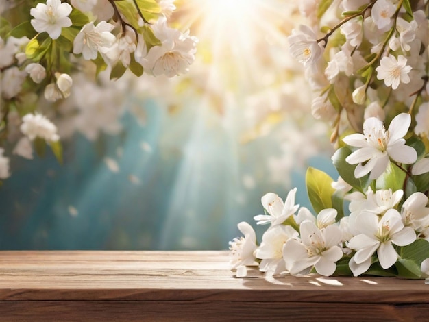 Fondo de primavera con flores blancas y rayos de sol frente a una mesa de madera