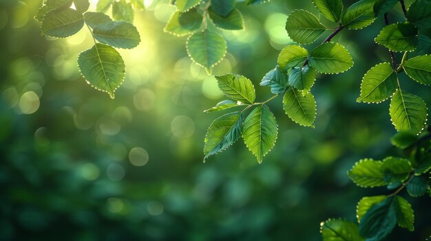 Un fondo de primavera con un fondo borroso de hojas de árboles verdes