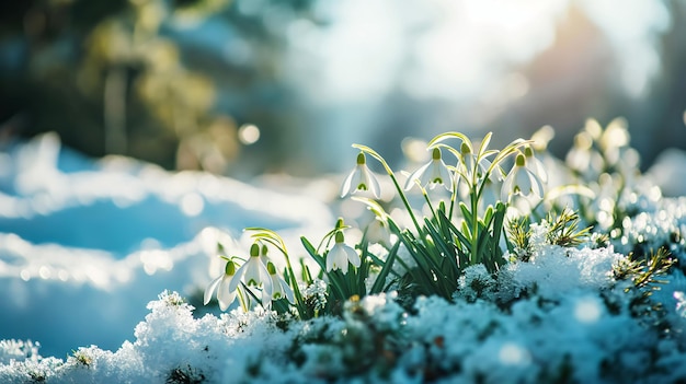 Fondo de primavera natural con delicadas flores de campanillas en el claro del bosque nevado