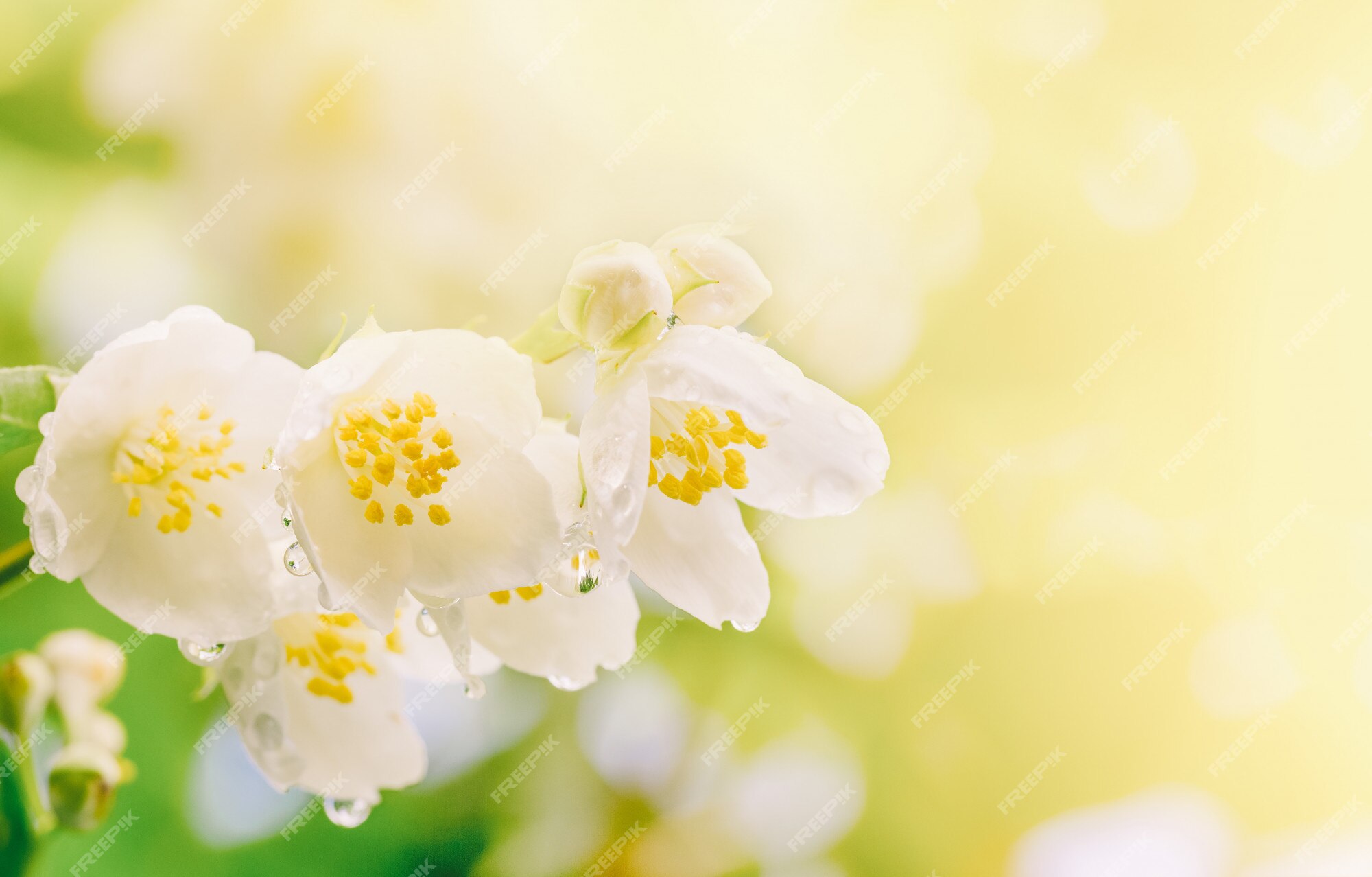 Fondo de primavera la rama de flores de jazmín con gotas de lluvia en la  suave luz del sol | Foto Premium