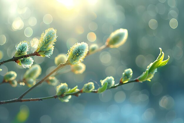 Foto fondo de primavera con ramas de sauce a la luz del sol pascua y domingo de ramos