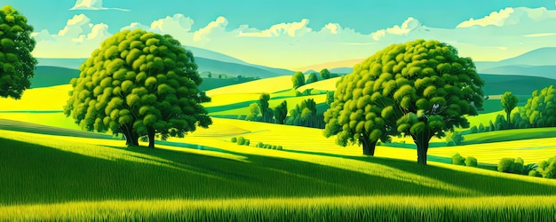 Fondo de primavera Árboles verdes del prado Ilustración de dibujos animados del hermoso paisaje del valle de verano con cielo azul verde