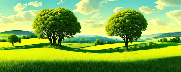 Fondo de primavera Árboles verdes del prado Ilustración de dibujos animados del hermoso paisaje del valle de verano con cielo azul verde