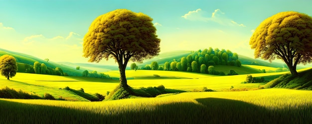 Fondo de primavera Árboles verdes del prado Ilustración de dibujos animados del hermoso paisaje del valle de verano con cielo azul verde