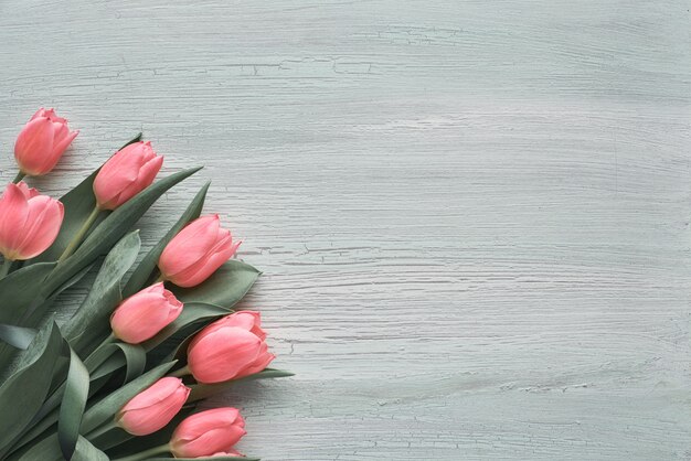Fondo de primavera con tulipanes rosados en madera con textura verde claro
