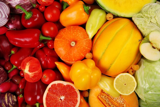 Fondo de primer plano brillante de frutas y verduras