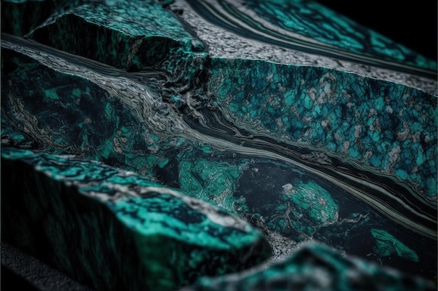 Fondo de primer plano de piedra de monolito de mármol de granito sombreado azul verde con textura de superficie rugosa con grietas