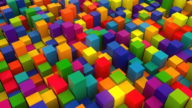 Fondo de procesamiento 3d con muchas filas de cubos de colores brillantes telón de fondo generado por computadora