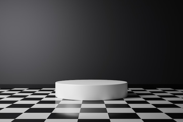 Fondo de producto abstracto y suelo de patrón a cuadros en pedestal de cuarto oscuro o podio blanco con pantalla de telón de fondo. Representación 3D.