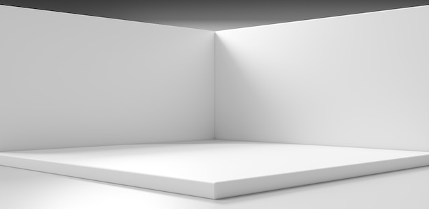 Fondo de producto blanco y espacio en blanco vacío pared de la habitación de la esquina pantalla de diseño moderno mínimo abstracto en el escenario interior escenario plataforma pedestal podio escenario escenario con escaparate de estudio. Representación 3D.