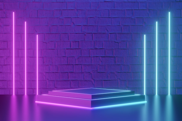 Fondo de producto digital. El podio de cubo de bloque negro con luz led se refleja en un fondo de ladrillos rosa azul oscuro. Representación de la ilustración 3D.