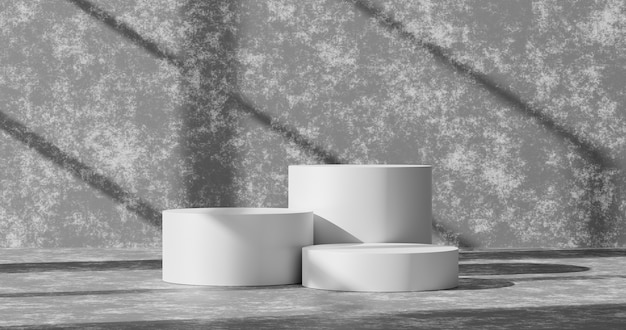 Fondo de producto de pared de cemento vacío o fondo de sala de grunge de hormigón de pedestal de podio blanco en piso de estudio interior en blanco con pantalla de inicio y escena de papel tapiz de luz abstracta. Representación 3D.