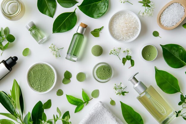 Fondo de productos cosméticos naturales y hojas verdes sobre un fondo blanco