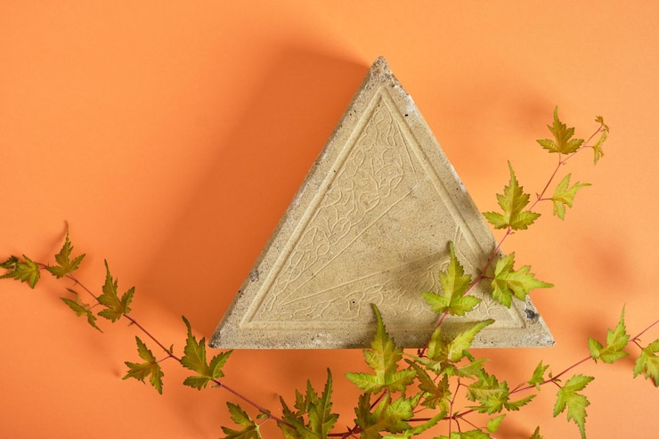 Foto fondo para productos cosméticos podio de piedra con hojas verdes vista frontal