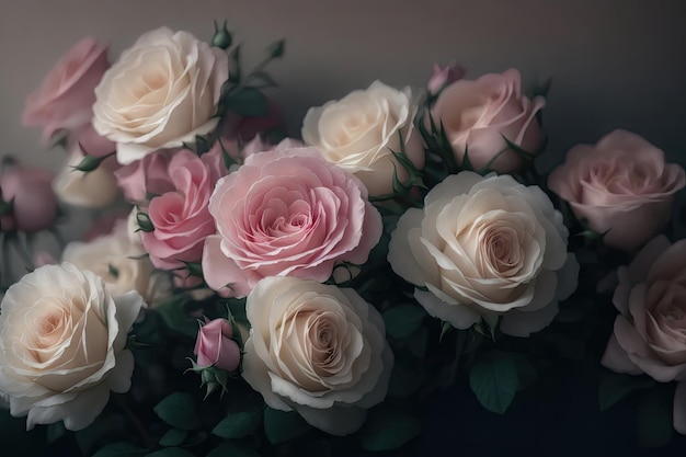 Fondo de productos lácteos frescos tiernos rosas de boda de colores pastel ai generativo