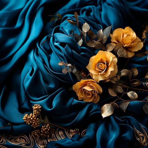 Fondo profesional con costosa seda azul y dorada Varios elementos decorativos en forma de flores y pétalos Ilustración de alta calidad