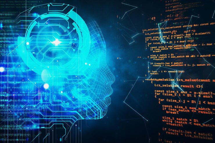 Foto fondo de programación abstracto con contorno de cabeza de robot