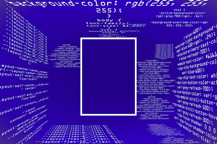 Foto fondo de programación de codificación púrpura brillante con marco cuadrado simulado big data y concepto de código representación 3d