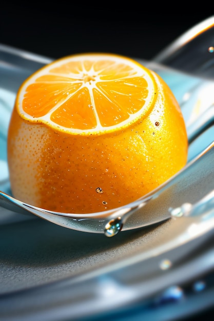 Fondo de publicidad de promoción empresarial de exhibición de jugo de naranja de rodaja de fruta de naranja amarilla