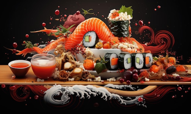 Fondo de publicidad de sushi para las redes sociales Post de sushi japonés con salmones Generative Ai