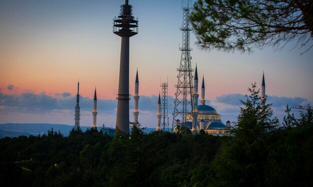 Fondo de puesta de sol de las mezquitas de Estambul con torres