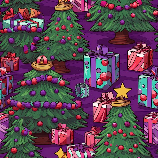 un fondo púrpura con un árbol de Navidad y regalos